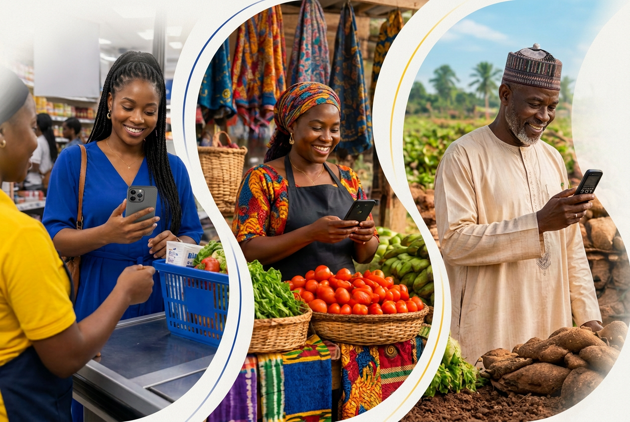 A Nigerian shopper paying at a supermarket, a local market merchant receiving a payment, and a Northern farmer transacting with a simple phone