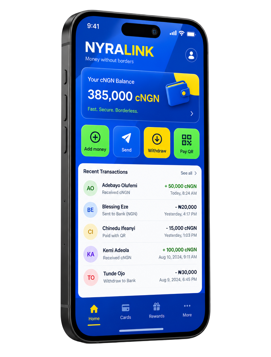 NYRALINK cNGN wallet showing balance, transfers and recent transactions